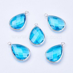 Silver Color Plated Brass Glass Teardrop Pendants, Faceted, Deep Sky Blue, 18x10x5mm, Hole: 2mm(X-GLAA-M006-A-17S)