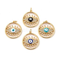 Brass Micro Pave Cubic Zirconia Pendants, with Enamel, Long-Lasting Plated, Cadmium Free & Lead Free, Real 18K Gold Plated, Flat Round with Evil Eye, Mixed Color, 22x20x3mm, Hole: 3.6mm(ZIRC-P092-028G-RS)