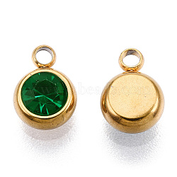 Vacuum Plating 201 Stainless Steel Rhinestone Charms, Birthstone Charms, Flat Round, Real 18K Gold Plated, Emerald, 8.5x6x3mm, Hole: 1.5mm(X-STAS-S068-03G)