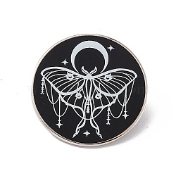 Moon With Moth Enamel Pin, Platinum Brass Flat Round Brooch for Backpack Clothes, Black, 30.5x2mm, Pin: 1.2mm.(JEWB-D012-13)
