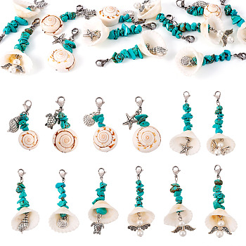 Shell & Synthetic Turquoise Pendant Deocration, with 304 Stainless Steel Lobster Claw Clasps, Sea Animal, Antique Silver & Platinum, 48~60mm, 12pcs/set