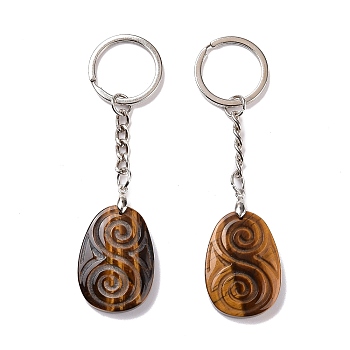 Natural Tiger Eye Teardrop with Spiral Pendant Keychain, with Brass Split Key Rings, 9.5cm