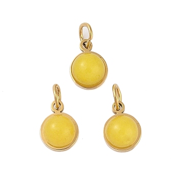 Ion Plating(IP) Natural Dyed Jade Half Round Charms with Jump Ring, Golden Tone 316 Surgical Stainless Steel Charms, Yellow, 7.5x6x3.5mm, Hole: 2.5mm