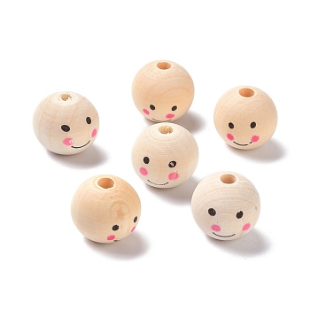 (Defective Closeout Sale: Imprinted), Natural Wood Beads, Large Hole Beads, Round with Smile Face, PapayaWhip, 19x18mm, Hole: 4mm, about 180pcs/500g