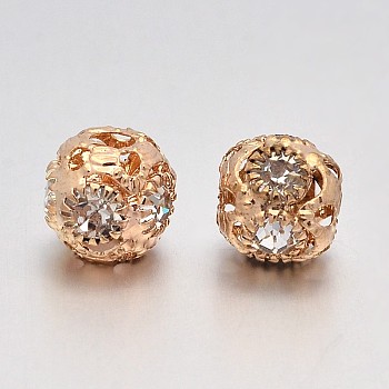Brass Round Beads, with Crystal Glass Rhinestones, Rose Gold, 8mm, Hole: 3mm