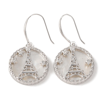 925 Sterling Silver Flat Round with Eiffel Tower Dangle Earrings, with Freshwater Shell & Clear Cubic Zirconia, Real Platinum Plated, 34x18mm