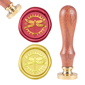 CRASPIRE Brass Wax Seal Stamp, with Natural Rosewood Handle, for DIY Scrapbooking, Golden, Dragonfly & Gear Pattern, Stamp: 25mm, Handle: 83x22mm, Head: 7.5mm