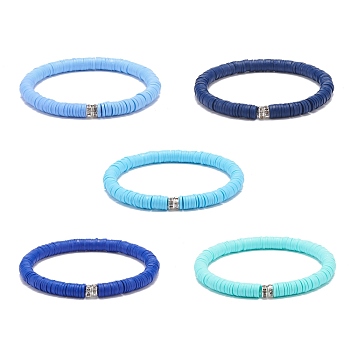 5Pcs 5 Colors Handmade Polymer Clay Heishi Surfer Stretch Bracelet Sets, Preppy Jewelry for Women, Blue, Inner Diameter: 2-1/8 inch(5.4cm), 1Pc/color