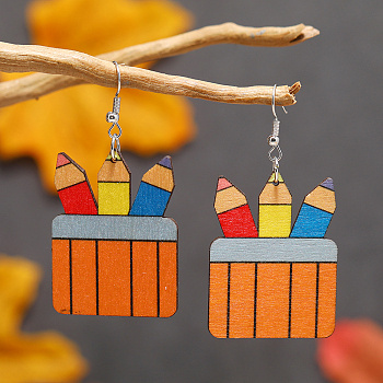 Back-to-School Paintbrush Wood Dangle Earrings Accessories, Platinum, Orange