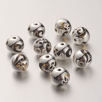 K9 Glass Beads, Covered with Brass, Round with Heart Pattern, 925 Sterling Silver Plated, Gold, 10.2x9.2mm, Hole: 1.5mm