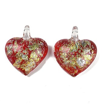 Lampwork Pendants, with Foil Glass, Heart, FireBrick, 35x29.5x11.5mm, Hole: 5mm