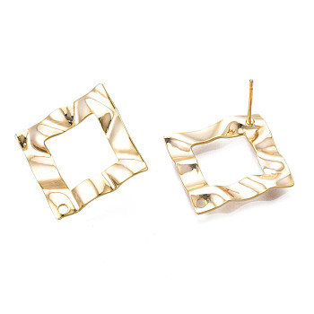 Brass Stud Earring Findings, with Loop, Nickel Free, Rhombus, Real 18K Gold Plated, 28x28mm, Hole: 1.6mm, Pin: 0.8mm