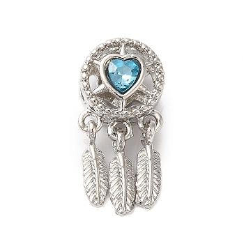 Rack Plating Alloy Rhinestone European Beads, Cadmium Free & Nickel Free & Lead Free, Large Hole Beads, Woven Net/Web with Feather, Aquamarine, 24x11x10mm, Hole: 5mm