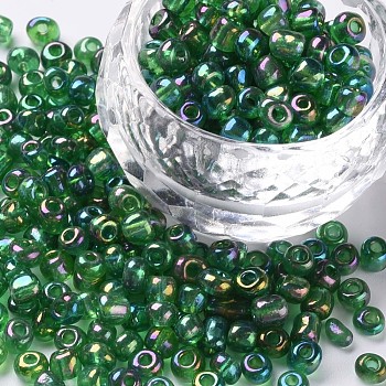Round Glass Seed Beads, Transparent Colours Rainbow, Round, Dark Green, 4mm