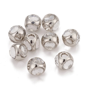 Brass Micro Pave Clear Cubic Zirconia Beads, Large Hole Beads, Cadmium Free & Nickel Free & Lead Free, Round, Platinum, 11.5mm, Hole: 4.5mm