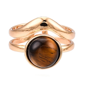 Round Natural Tiger Eye Finger Rings, Golden Tone Alloy Open Cuff Ring for Women, 15mm, Adjustable