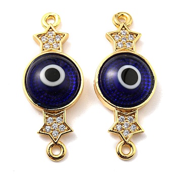 Brass Micro Pave Clear Cubic Zirconia Connector Charms, with Lampwork, Evil Eye with Star, Real 18K Gold Plated, Marine Blue, 28~29x11~11.5x4.5~5mm, Hole: 1.5mm