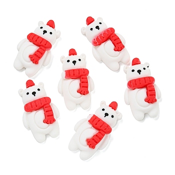 Opaque Christmas Resin Decoden Cabochons, Bear with Red Scarf, White, 27x16.5x7mm