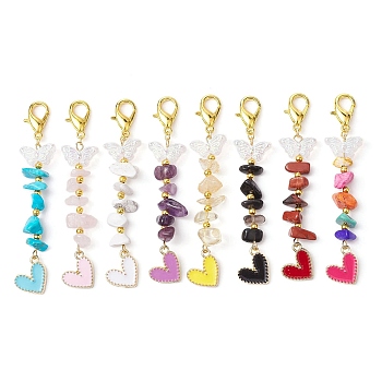 Natural & Synthetic Gemstone Chips Pendant Decoration, with Alloy Enamel Heart Charms and Glass Butterfly, Mixed Color, 75mm 8pcs/set