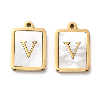 304 Stainless Steel Pendants, with Shell, Rectangle Charms with Letter, Real 14K Gold Plated, Letter V, 18x12x2mm, Hole: 1.4mm