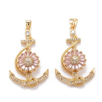 Real 18K Gold Plated Brass Micro Pave Cubic Zirconia Pendants, Long-Lasting Plated, Anchor & Helm, Pink, 36x21.5x6mm, Hole: 4.4x3.7mm