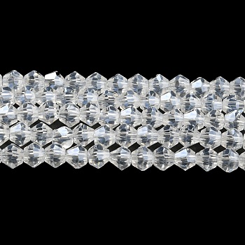 Transparent Electroplate Glass Beads Strands, Pearl Luster Plated, Faceted, Bicone, Clear, 3.5~3.8x3mm, Hole: 0.8mm, about 113~115pcs/strand, 14.17~14.37 inch(36~36.5cm)