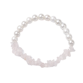 Natural Rose Quartz Chip & Round Pearl Shell Stretch Bracelets for Women, Inner Diameter: 1-7/8 inch(4.7cm)