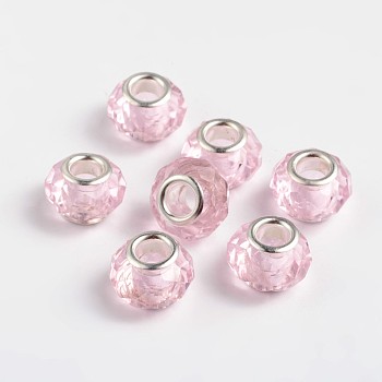 Glass European Beads, Large Hole Beads, Pink, Brass Core in Silver Color, about 14mm wide, 9mm long, hole: 5mm