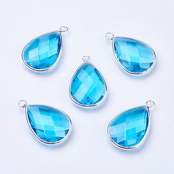 Silver Color Plated Brass Glass Teardrop Pendants, Faceted, Deep Sky Blue, 18x10x5mm, Hole: 2mm