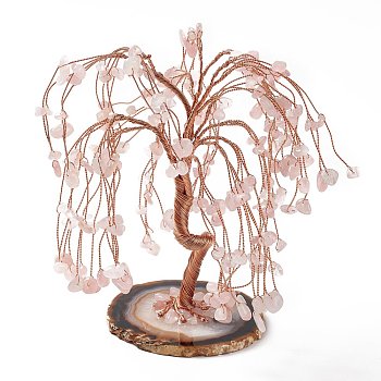 Natural Rose Quartz Tree Display Decoration, Agate Slice Base Feng Shui Ornament for Wealth, Luck, Rose Gold Brass Wires Wrapped, 64~95x75~125x140~170mm