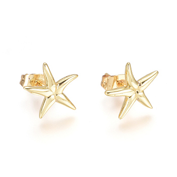 Brass Ear Studs, with Earring Backs, Starfish/Sea Stars, Golden, 11x11x2mm, Pin: 1mm