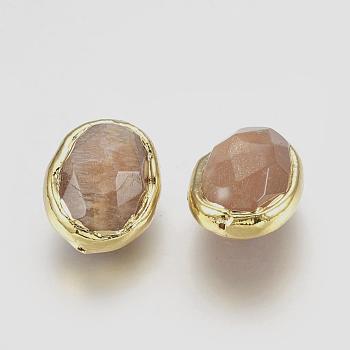 Natural Sunstone Beads, Edge Golden Plated, Faceted, Oval, 20~23x15.5~18.5x12~14.5mm, Hole: 1mm