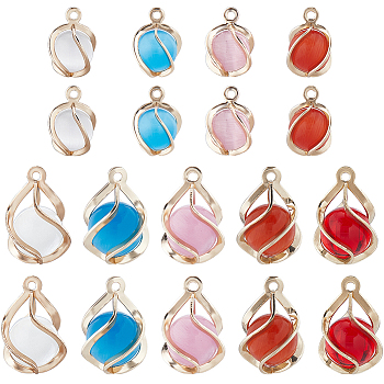 18Pcs 9 Styles Resin Imitation Cat Eye Pendants, Teardrop Charms, with Light Gold Plated Brass Findings, Mixed Color, 13~18.5x10~13mm, Hole: 1.2mm, 2pcs/style