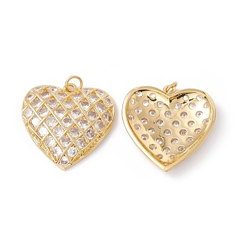 Rack Plating Brass Micro Pave Clear Cubic Zirconia Pendants, with Jump Ring, Cadmium Free & Nickel Free & Lead Free, Heart, Real 18K Gold Plated, 26x25x4.5mm, Jump Ring: 5x0.6mm, Inner Diameter: 3.4mm