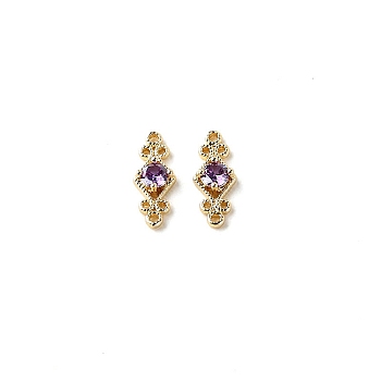 Brass Pave Cubic Zirconia Connector Charms, DIY Jewelry Bracelet Accessories, Golden, Rhombus Links, Purple, 16x6mm