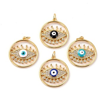 Brass Micro Pave Cubic Zirconia Pendants, with Enamel, Long-Lasting Plated, Cadmium Free & Lead Free, Real 18K Gold Plated, Flat Round with Evil Eye, Mixed Color, 22x20x3mm, Hole: 3.6mm