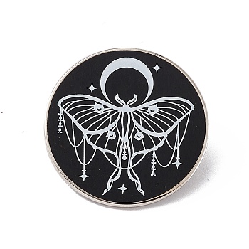 Moon With Moth Enamel Pin, Platinum Brass Flat Round Brooch for Backpack Clothes, Black, 30.5x2mm, Pin: 1.2mm.