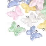 Transparent Resin and Glitter Powder Pendants, Butterfly Charms, with Platinum Iron Loop, Mixed Color, 17.5x21.5~22x5.5~6mm, Hole: 2mm(RESI-T061-19M)