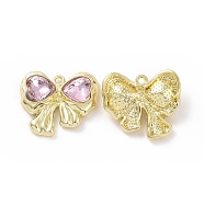 Rack Plating Alloy Glass Pendants, Light Gold Tone Bowknot & Heart Charms, Cadmium Free & Lead Free & Nickle Free, Pearl Pink, 20x22.5x5mm, Hole: 1.5mm(FIND-I037-40G-03)