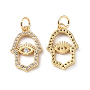 Brass Micro Pave Cubic Zirconia Pendants, with Jump Ring, Real 18K Gold Plated, Hamsa Hand/Hand of Miriam Charms, Clear, 18x11.5x2mm, Hole: 3.6mm(KK-E068-VF322)