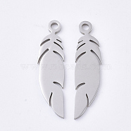 201 Stainless Steel Pendants, Feather, Stainless Steel Color, 25x6x1mm, Hole: 1.6mm(STAS-T045-45P)
