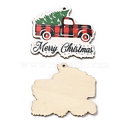Single Face Christmas Printed Wood Big Pendants, Truck Charms with Christmas Tree, Red, 46.5x55x2.5mm, Hole: 2mm(WOOD-D025-25)