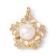 Natural Cultured Freshwater Pearl Pendants, with Brass Micro Pave Cubic Zirconia Findings, Golden, Flower, Clear, 27x22.5x9.5mm, Hole: 3.5x2mm(KK-D084-06G)