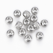 201 Stainless Steel Beads, Round with Ripples, Stainless Steel Color, 6x5mm, Hole: 2mm(X-STAS-G154-37-6mm)