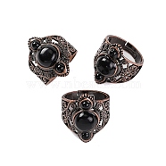 Natural Obsidian Retro Finger Rings, Adjustable Brass Rings for Women, 25.5mm, Inner Diameter: 19mm(RJEW-B067-01R-21)