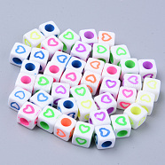 Opaque White Acrylic European Beads, Large Hole Beads, Cube with Heart, Mixed Color, 7x7x7mm, Hole: 4mm, about 1900~2000pcs/500g(MACR-S273-51-01)
