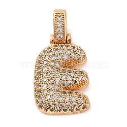 Brass Micro Pave Cubic Zirconia Pendants, Real 18K Gold Plated, Clear, Letter E, 18.5~24x12.5~25.5x5~5.5mm, Hole: 5x3mm(KK-C076-29E-G01)