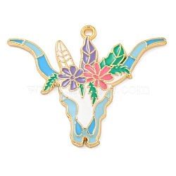 Alloy Enamel Pendants, Golden, Cattle Head with Flower Charm, Sky Blue, 34x42x3mm, Hole: 2mm, 10pcs/set(FIND-Z049-02B-02G)