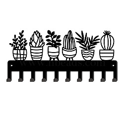 Plants Pattern Iron Wall Mounted Hook Hangers, Decorative Organizer Rack with 10 Hooks & Screws, for Bag Clothes Key Hanging Holder, Black, 115x250mm(HJEW-WH0018-040)