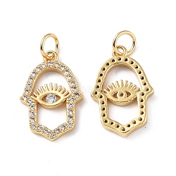 Brass Micro Pave Cubic Zirconia Pendants, with Jump Ring, Real 18K Gold Plated, Hamsa Hand/Hand of Miriam Charms, Clear, 18x11.5x2mm, Hole: 3.6mm(KK-E068-VF322)